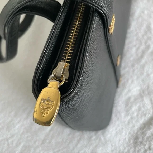 MCM Black Leather Tote Shoulder Bag with Gold Accents - Picture 8 of 13